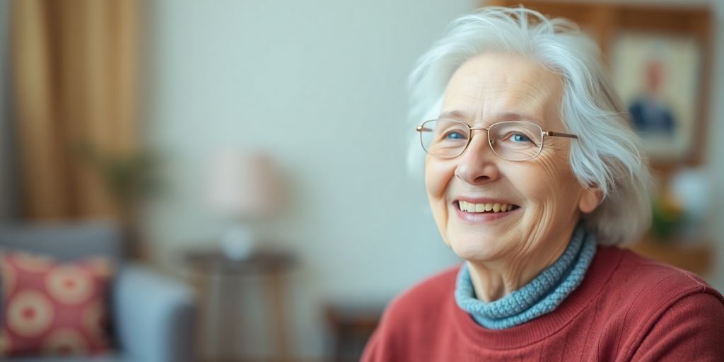 Pflegebedürftigkeit bei der Bescheiderstellung: Lächelnde ältere Person in hellen, einladenden Räumen.