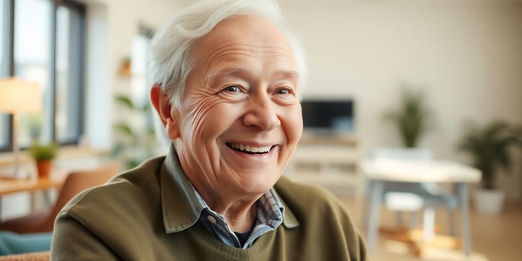 Ältere Person lächelt in heller Umgebung.