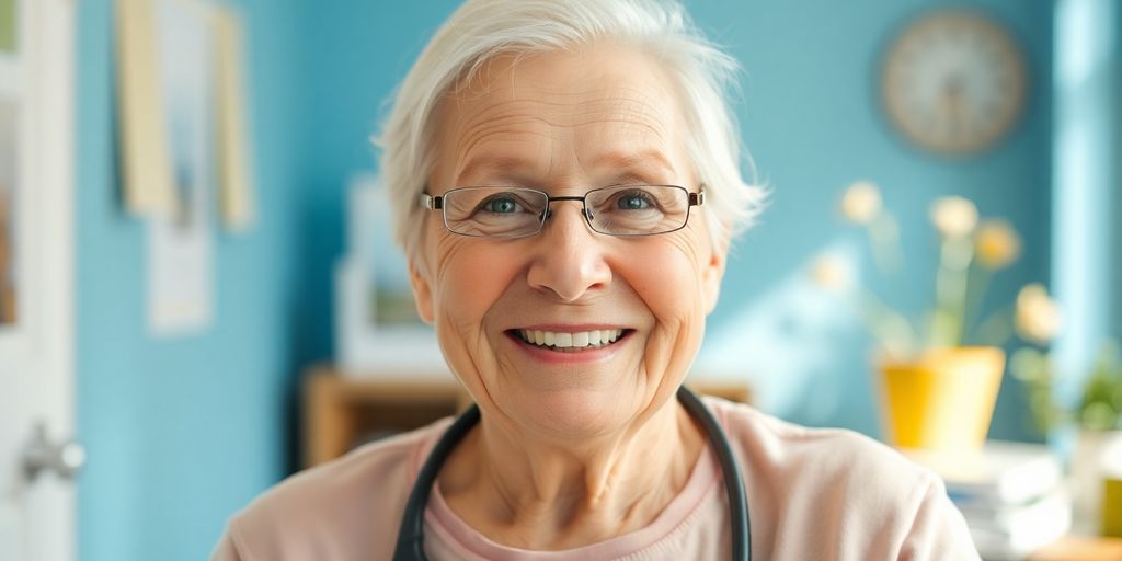 Berufspflege: Ältere Dame mit einem Lächeln in hellem Umfeld.