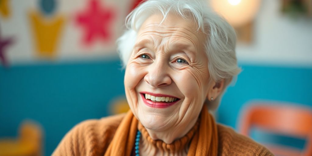 Lächelnder älterer Mensch in heller Umgebung.