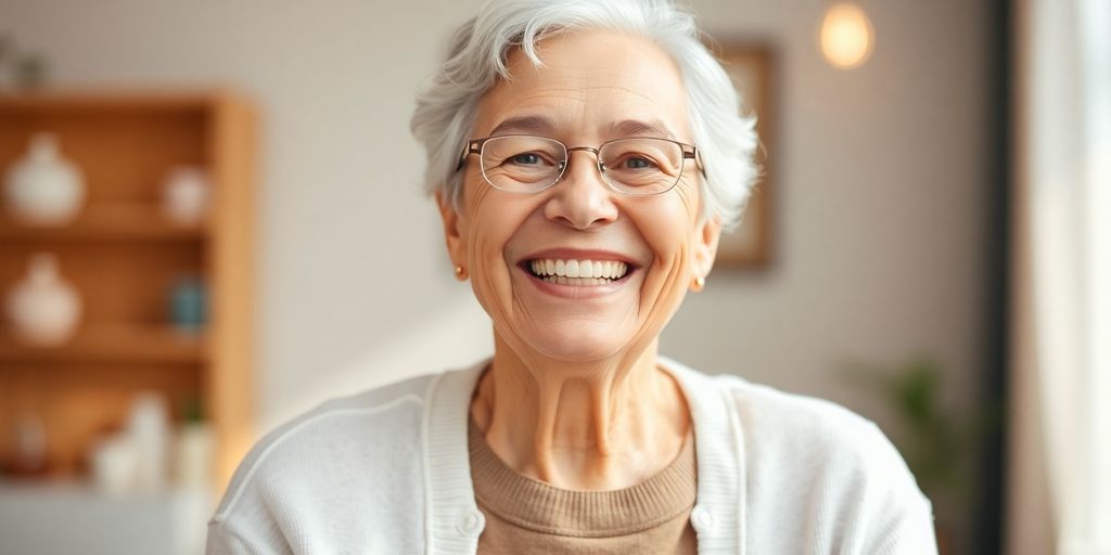 Lächelnder älterer Mensch in hellen Umgebungen.
