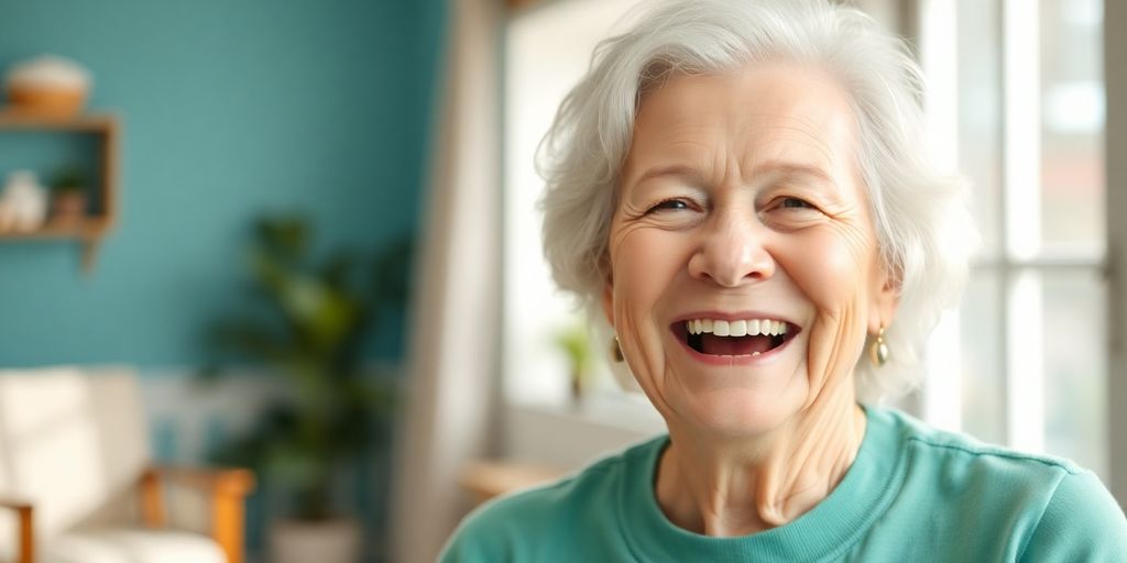 Lächelnder älterer weißer Mensch in heller Umgebung.