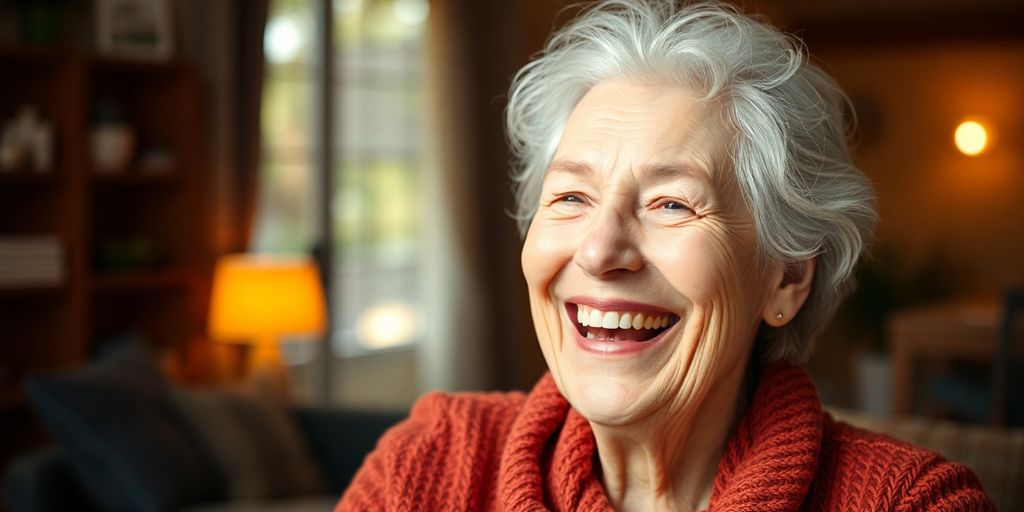 Ältere weiße Person lächelt in hellen Umgebungen.