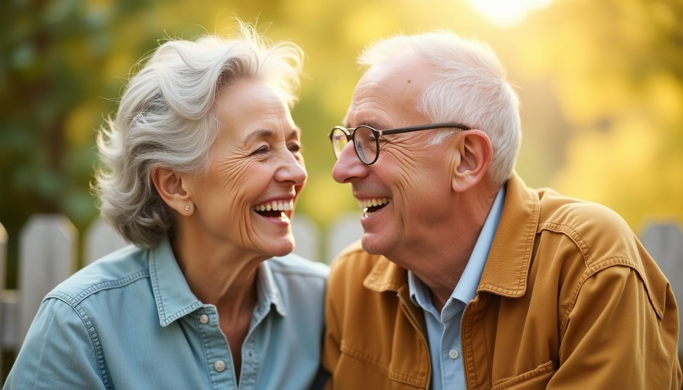 Older couple smiling in a bright setting.