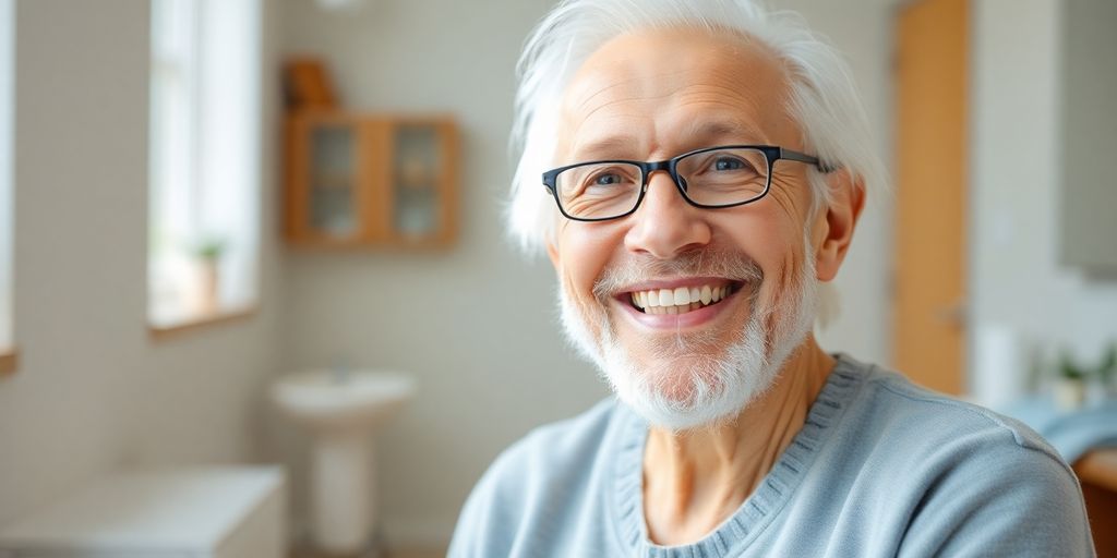 Lächelnder älterer weißer Mensch in hellem Umfeld.