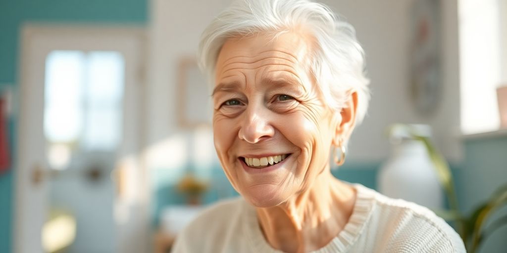 Älterer weißer Mensch lächelt in hellem Umfeld.