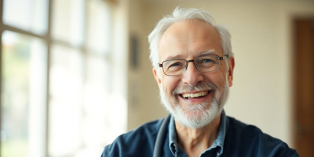 Lächelnde ältere Person in hellem Umfeld.