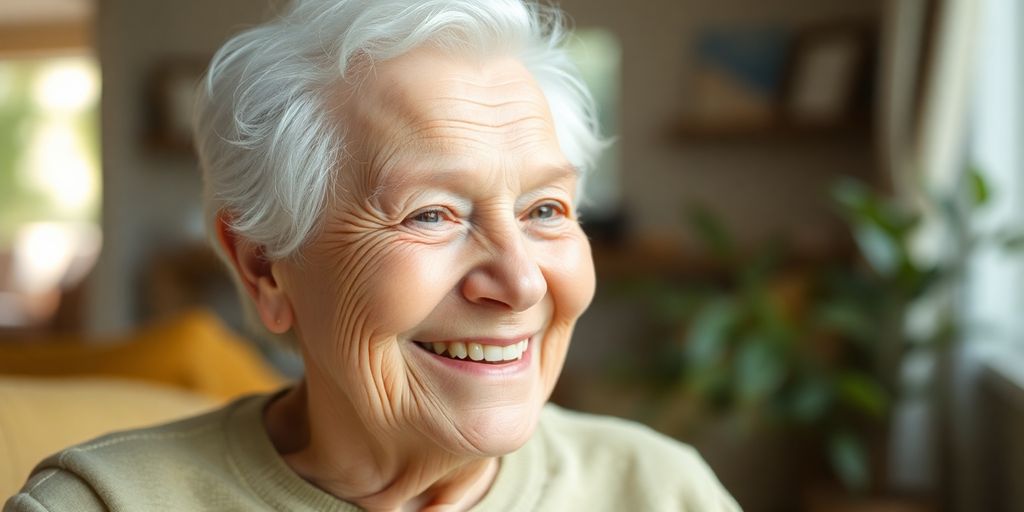 Ältere Person lächelt in heller Umgebung.