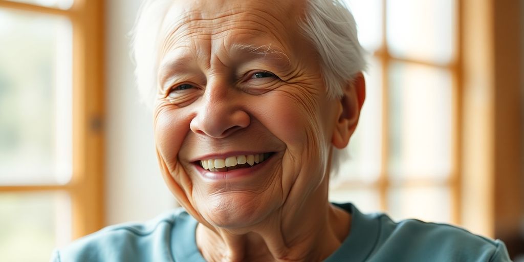 Ältere Person lächelt in einem hellen Umfeld.