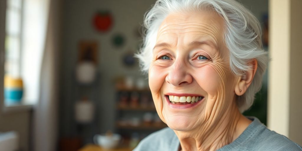 Körperbezogene Pflegemaßnahmen: Ältere Frau lächelt in heller Umgebung.
