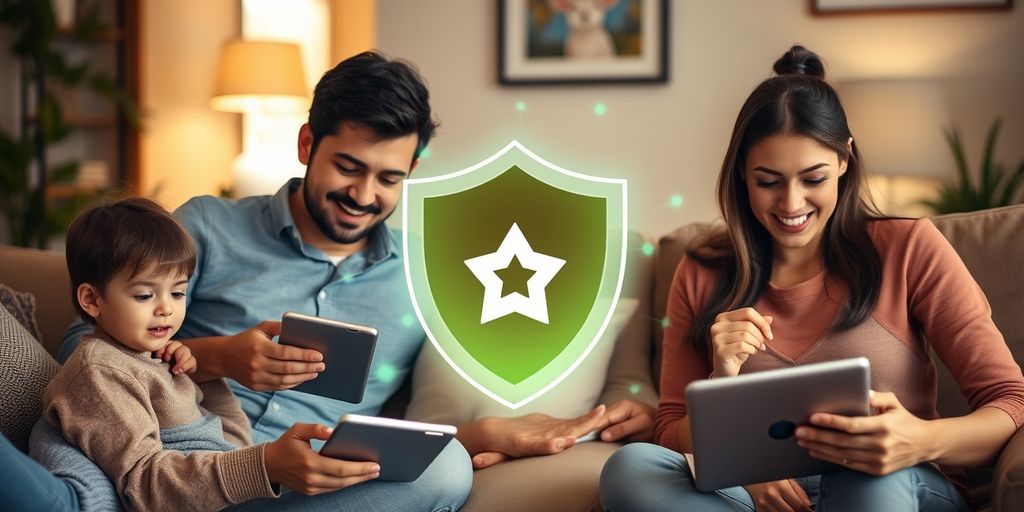 Family with digital devices and cybersecurity shield