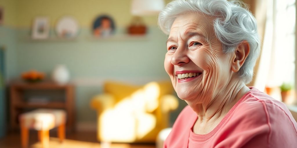 Lächelnder älterer Mensch in heller Umgebung.