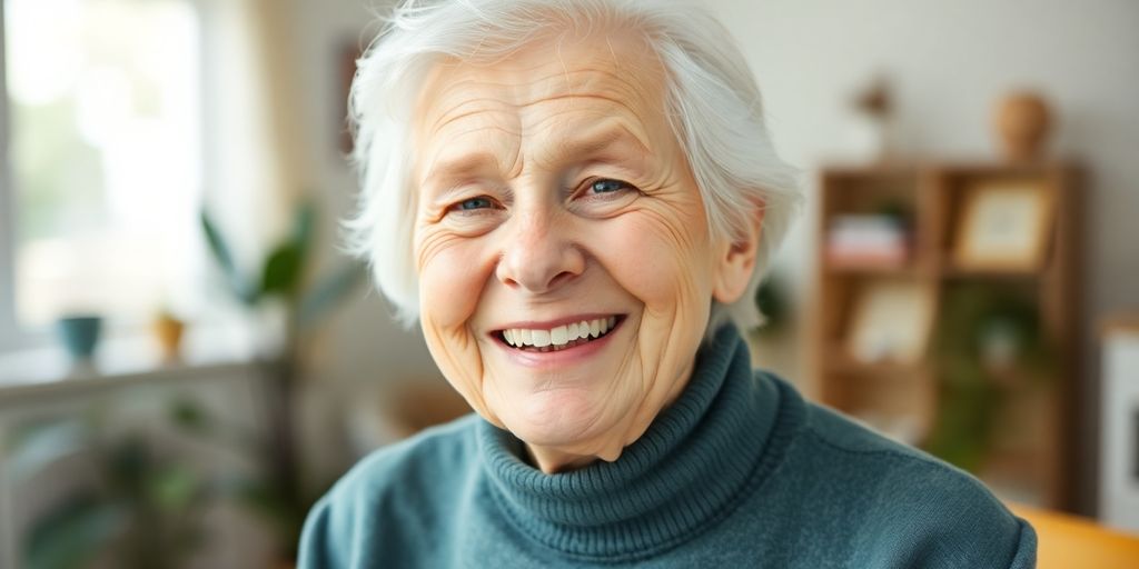 Ältere weiße Person lächelt in heller Umgebung.