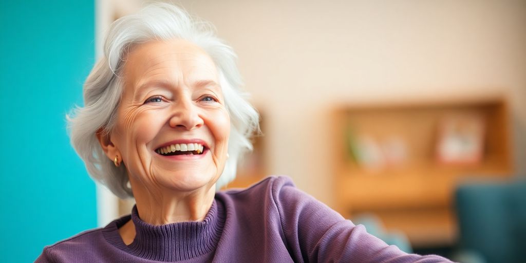 Älterer weißer Mensch lächelt in hellem Umfeld.