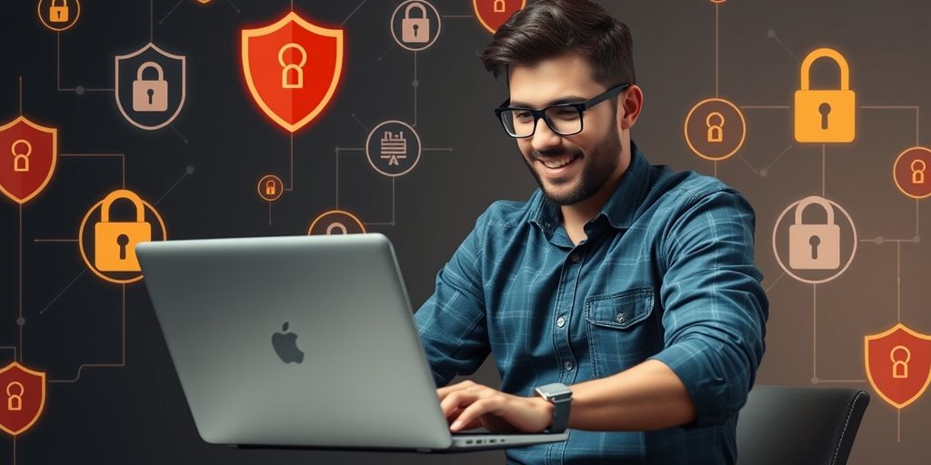 Freelancer with laptop and cybersecurity icons