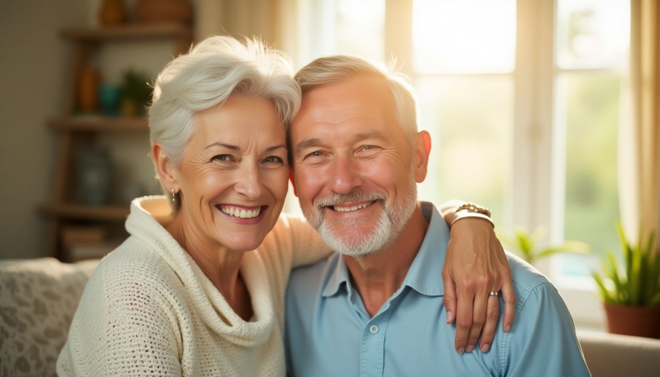 Medizinischer Dienst: Elderly couple smiling in a bright environment.