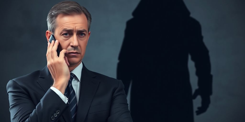 Stressed executive with phone and cyber threat figure
