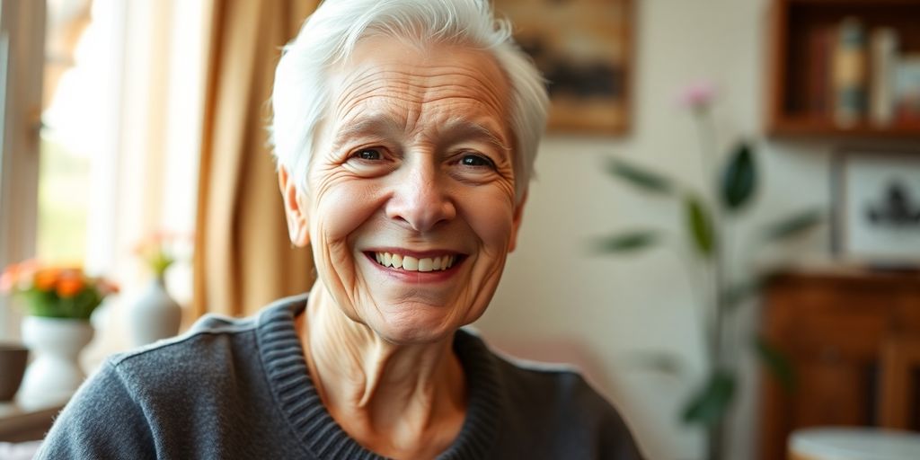 Ältere weiße Person mit einem Lächeln in hellem Umfeld.