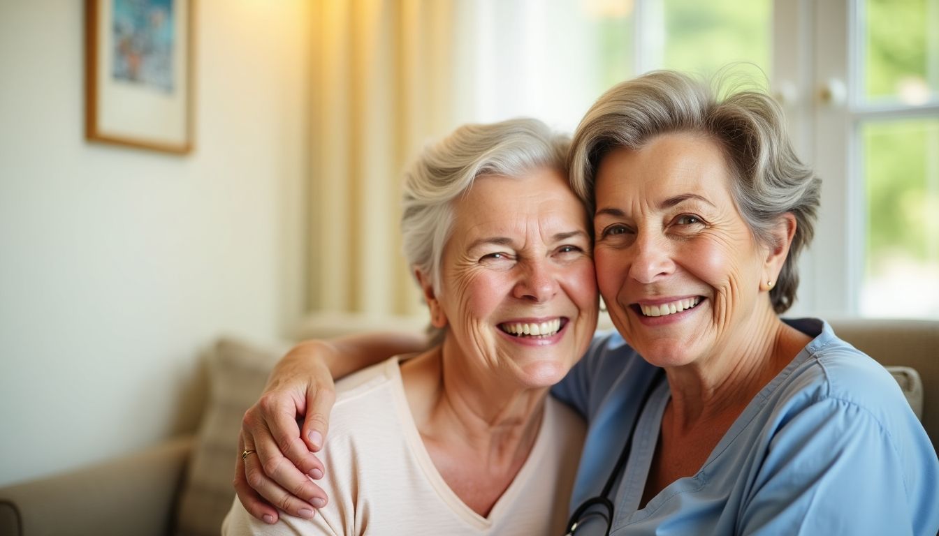 Older couple smiling in a bright environment.