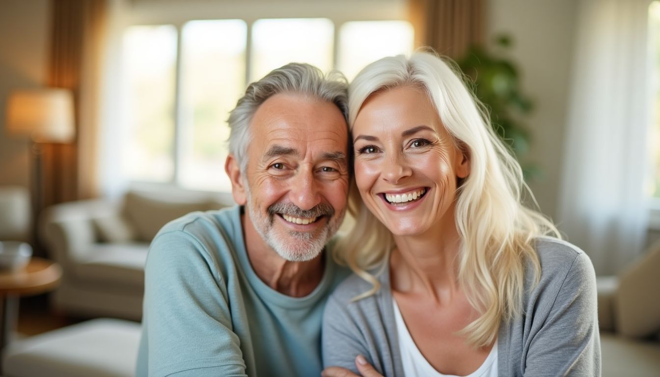 Older couple smiling in a bright environment.