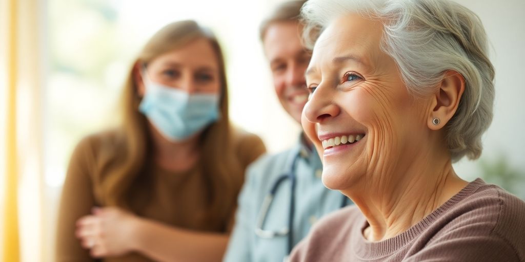 Ältere weiße Person lächelt in heller Umgebung.