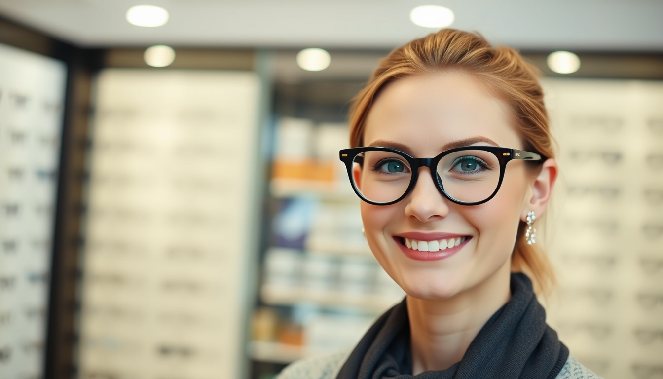 Brillenversicherung: Frau mit Brille lächelt in einem Optikgeschäft.