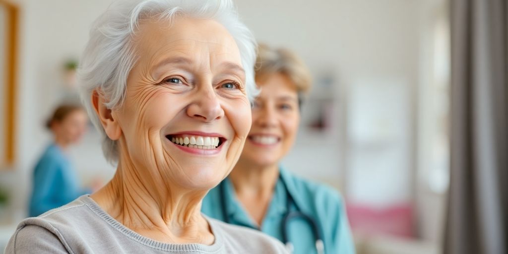 Ältere weiße Person lächelt in heller Umgebung.