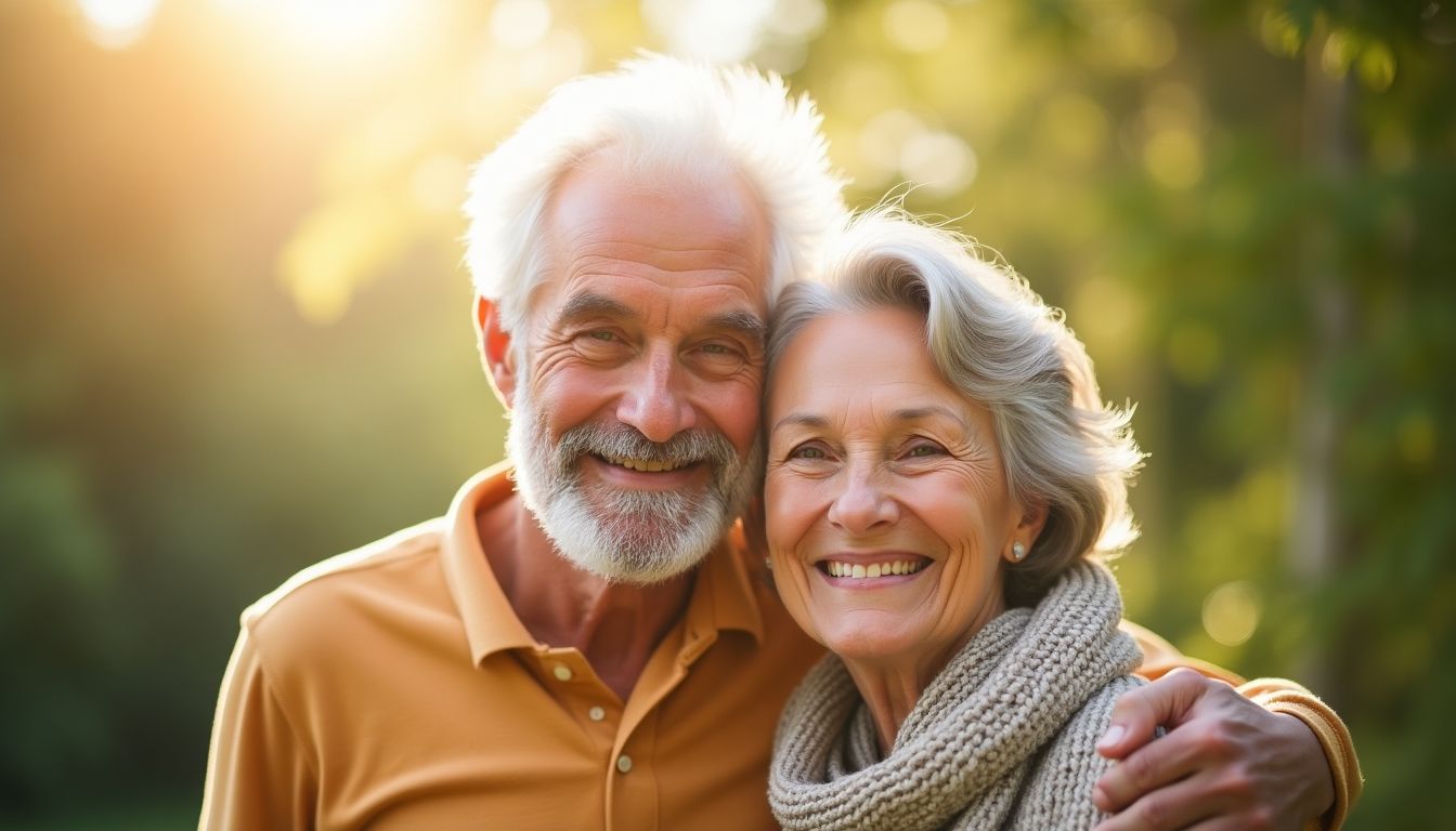 Older couple smiling in a bright setting.