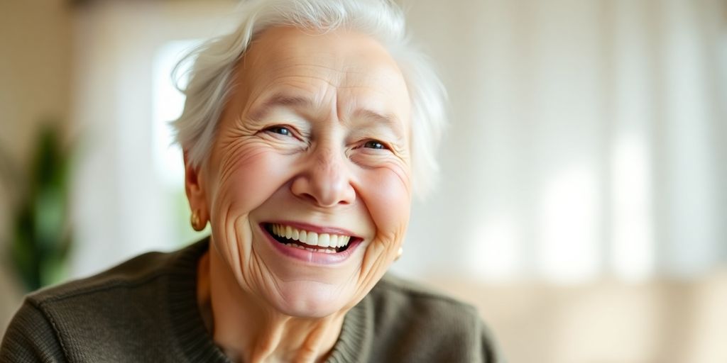 Ältere Person mit einem Lächeln in hellen Räumen.
