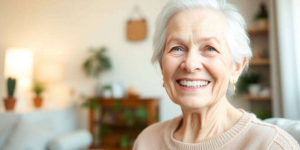 Älterer weißer Mensch lächelt in heller Umgebung.