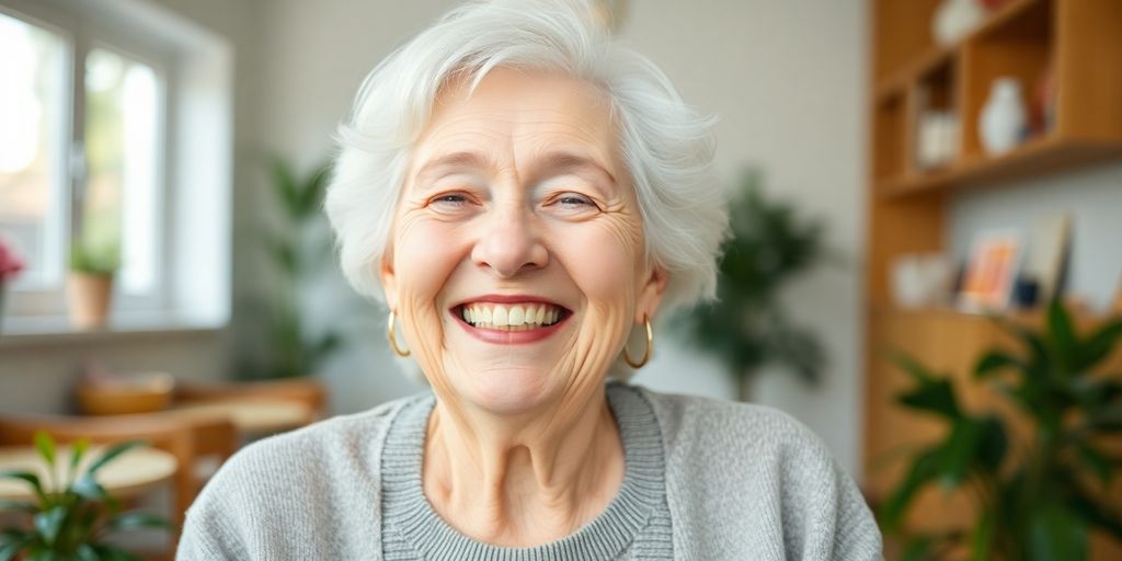 Älterer weißer Mensch lächelt in hellem Umfeld.