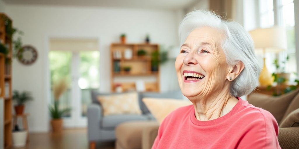 Lächelnder älterer Mensch in heller Umgebung.