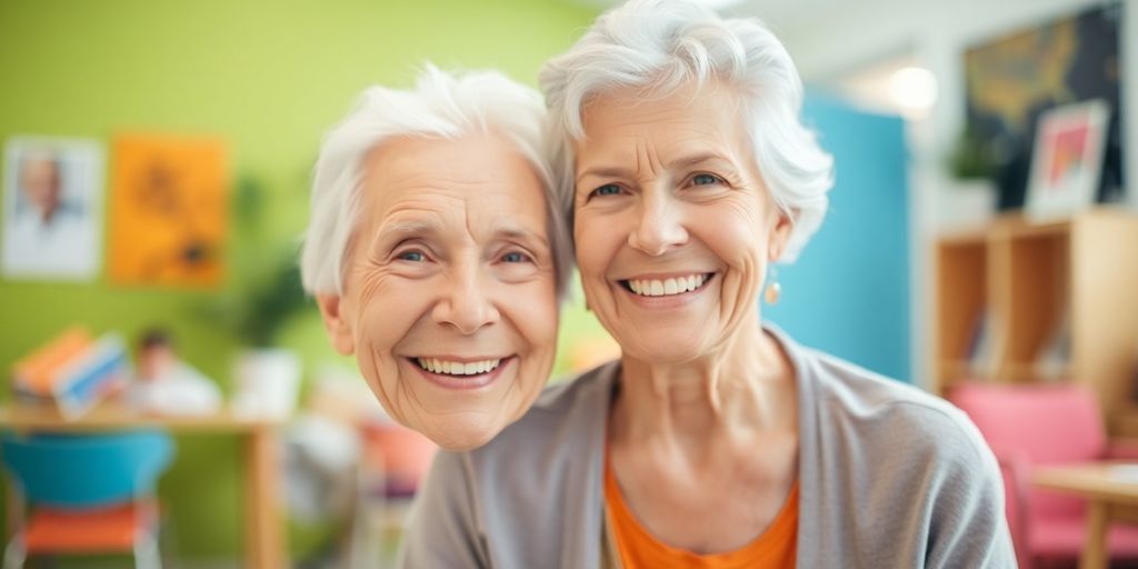 Ältere weiße Person lächelt in hellem Umfeld.
