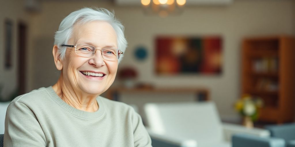 Ältere weiße Person mit einem Lächeln in heller Umgebung