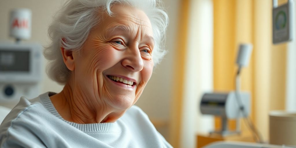 Lächelnde ältere Frau in hellen Räumlichkeiten bekomme eine helfende Intensivpflege.