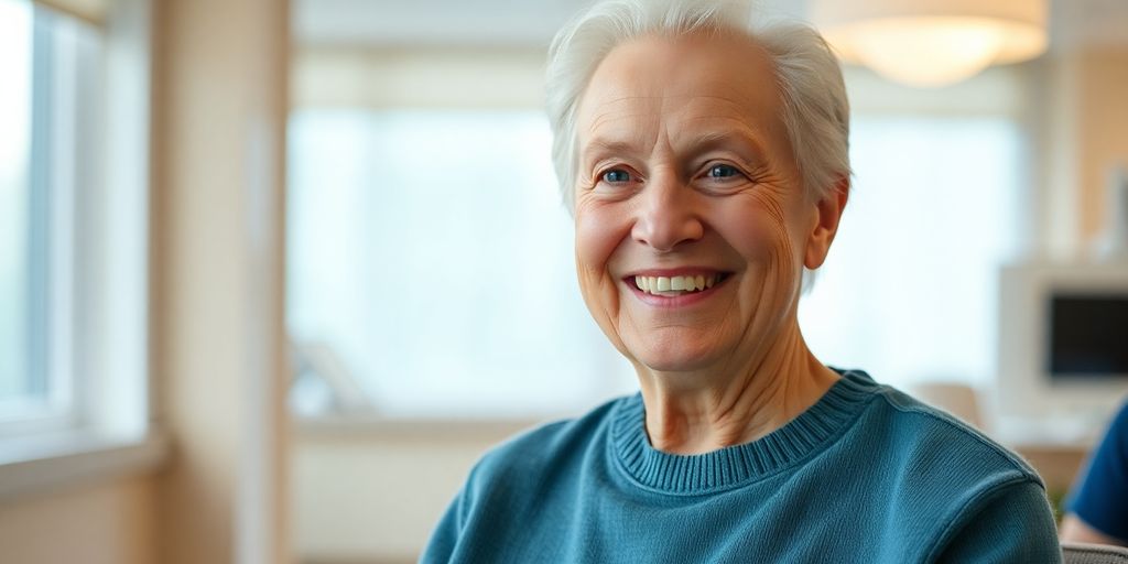 Intensivpflege: Ältere Frau lächelt in heller Umgebung.