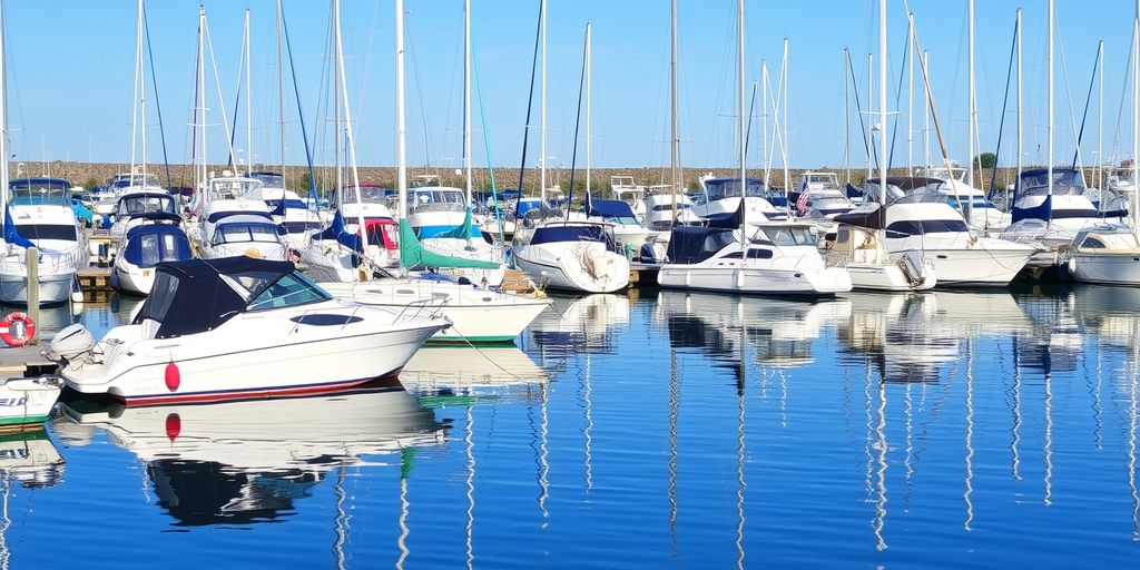 Boats docked at a calm marina