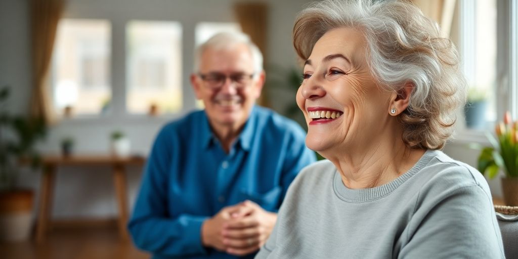 Bedürftigkeitsprüfung: Älteres Pärchen lächelt in Wohnung.