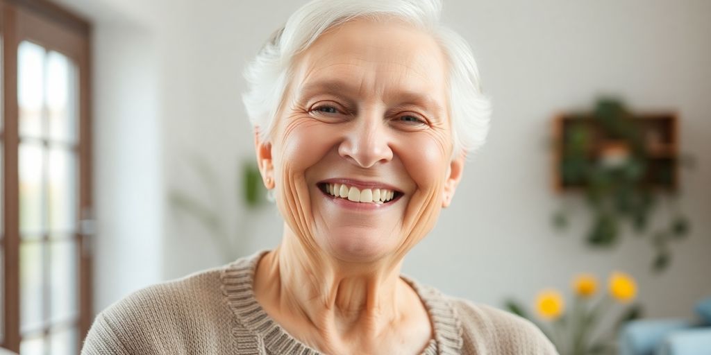 Betreuungspflege: Ältere Frau lächelt in hellem Umfeld.