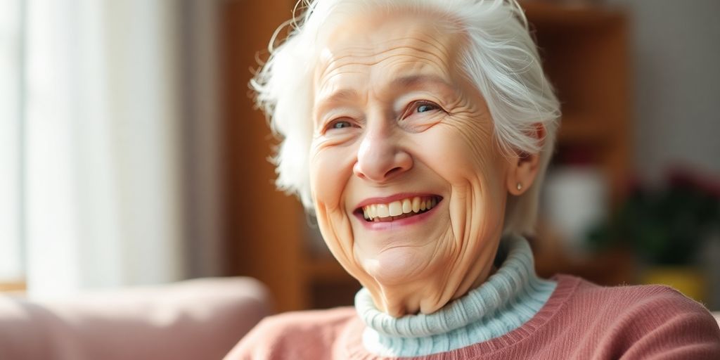 Freundliche Frau in Wohnung erhält Betreuungspflege.