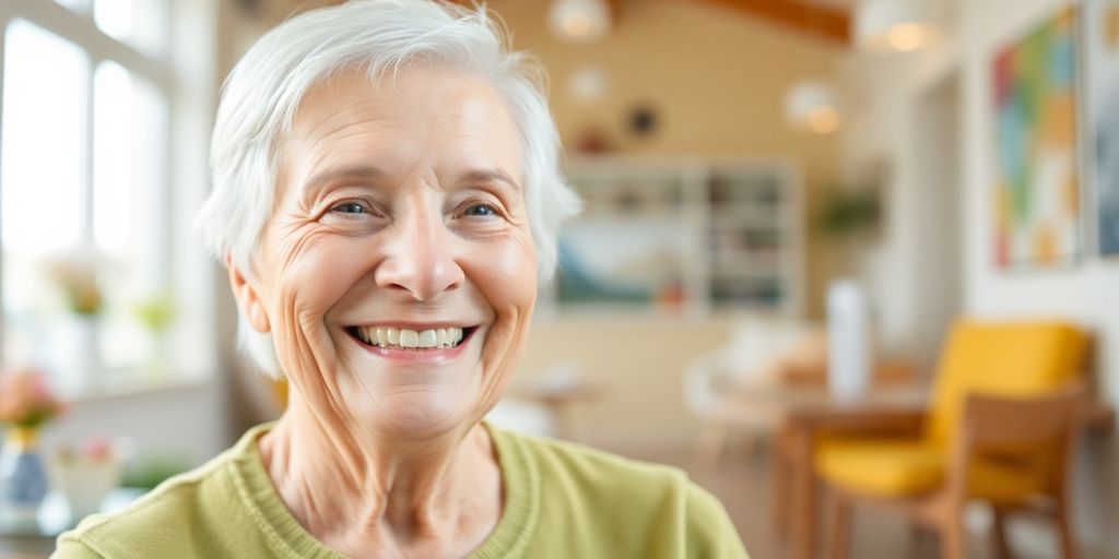 Älterer weißer Mensch lächelt in heller Umgebung.