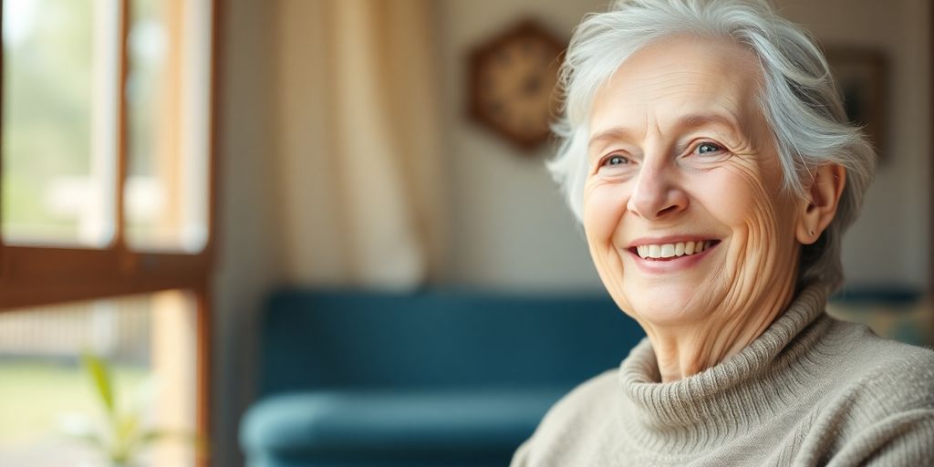 Älterer weißer Mensch lächelt in hellem Umfeld.