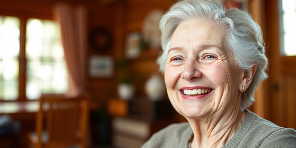 Älterer weißer Mensch lächelt in hellem Umfeld.