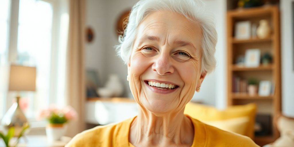 Ältere Person lächelt in hellem, freundlichem Umfeld.