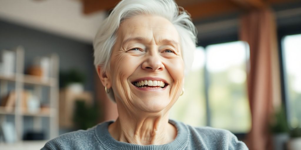Ältere Person lächelt in hellen Räumen.