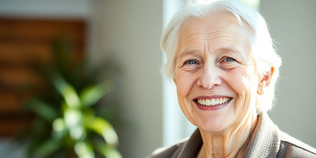 Älterer weißer Mensch mit Lächeln in hellen Räumen.