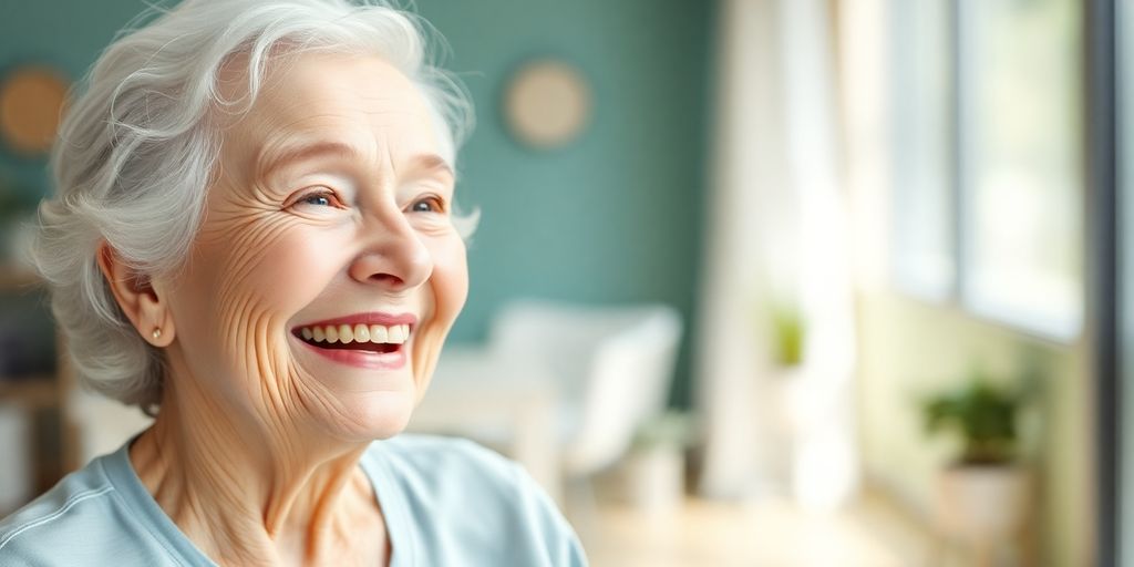 Ältere weiße Person lächelt in hellem Umfeld.