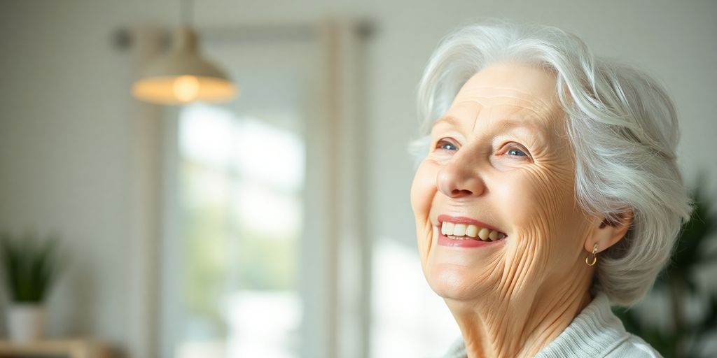 Ältere weiße Person lächelt in heller Umgebung.