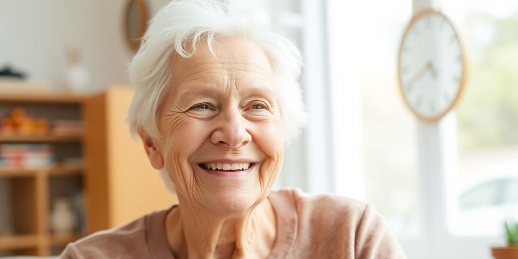 Ältere weiße Person lächelt in hellen Umgebung.