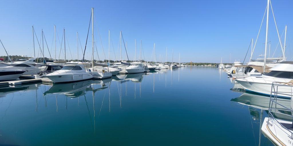 Boats docked in a calm marina